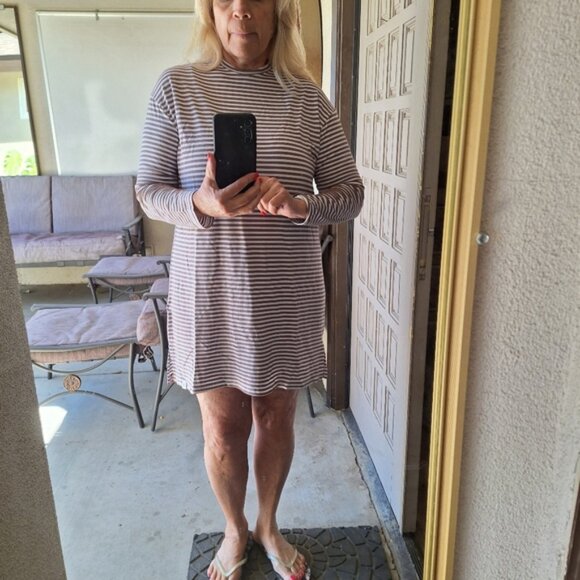 Manuka T Shirt Dress one Size Tan Stripe Crew Neck Long Sleeves Stretch - Picture 1 of 15